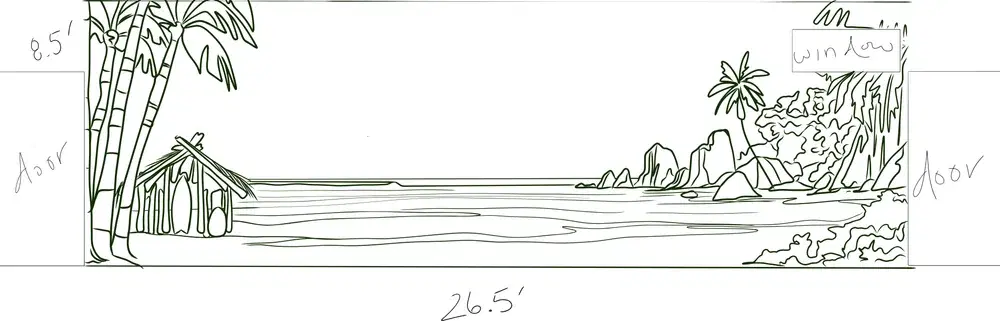 Line sketch for a hallway mural: palm trees and a surf shack on the left, open water in the middle, rocks and jungle on the right, with the doors, window and wall measurements marked