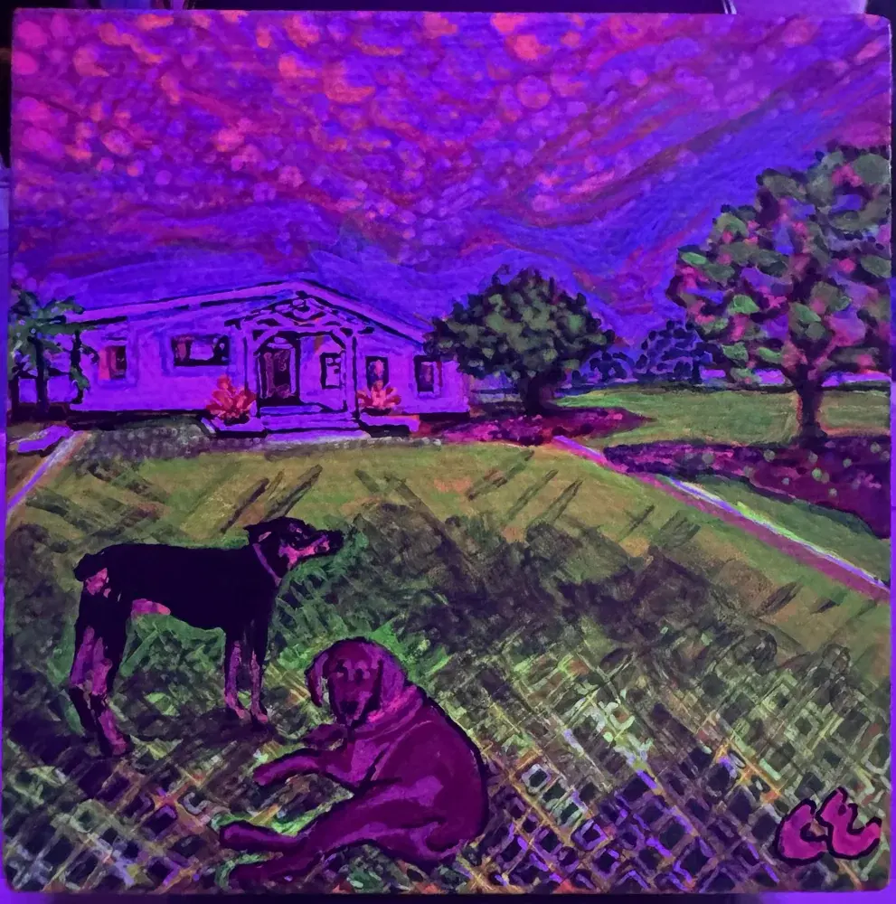 Painting of a house with two dogs on the lawn, glowing purple, pink and green under black light