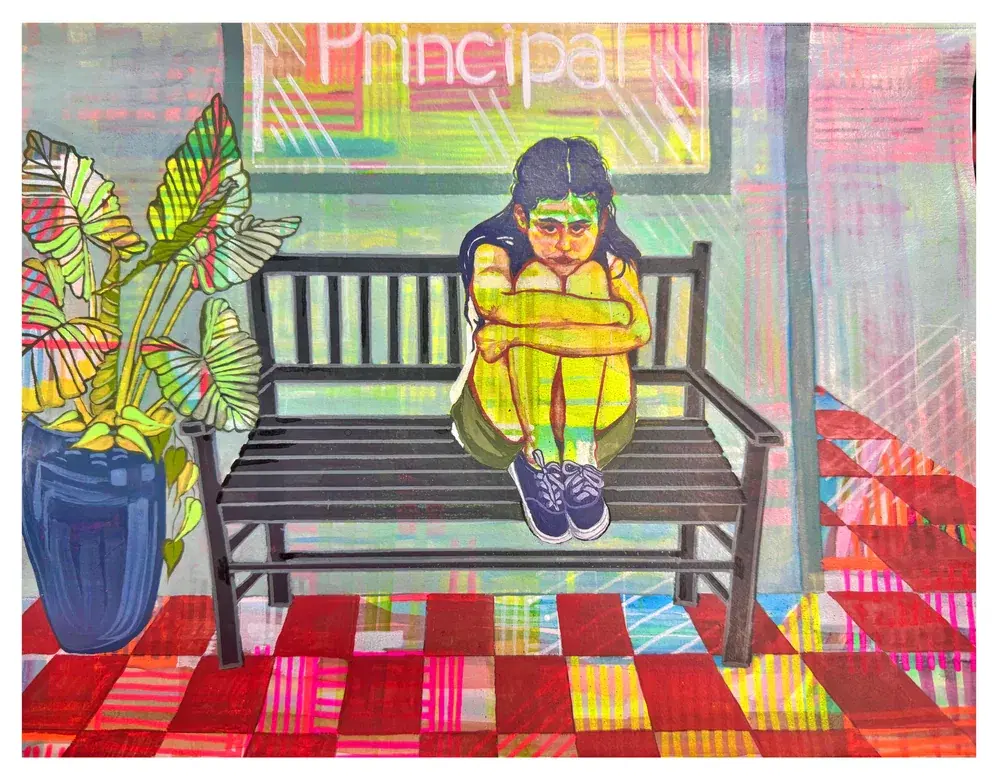 Painting of a school girl hugging her knees on a bench beneath a Principal sign, beside a potted plant on a red checkered floor